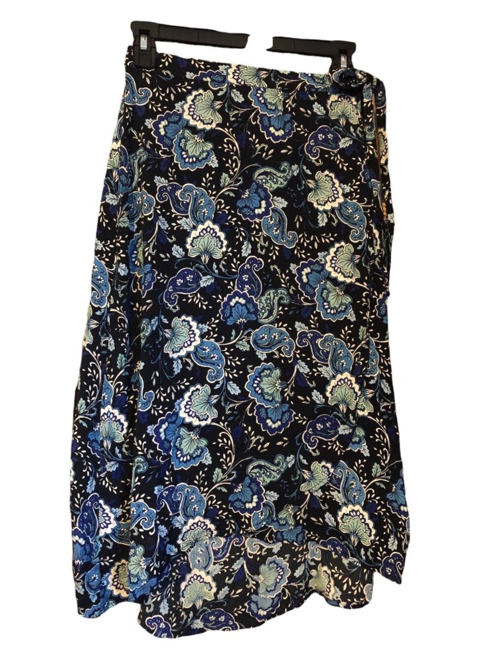 Loft Black With Blue Floral Paisley Lightweight Knee Length Wrap Skirt Sz 2